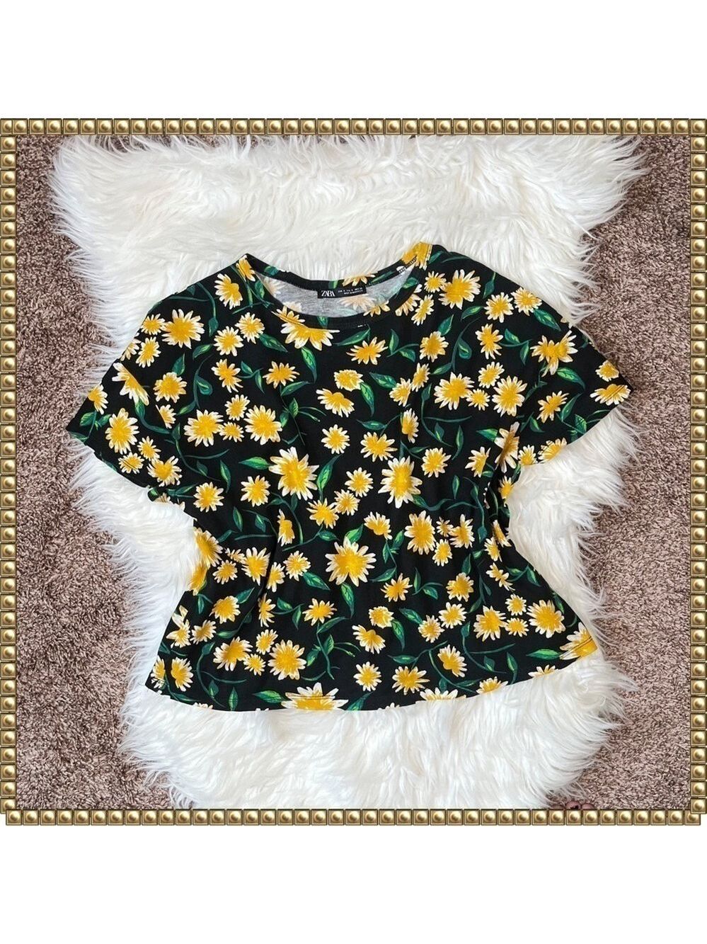 Zara Black Floral Short Sleeve Top Small